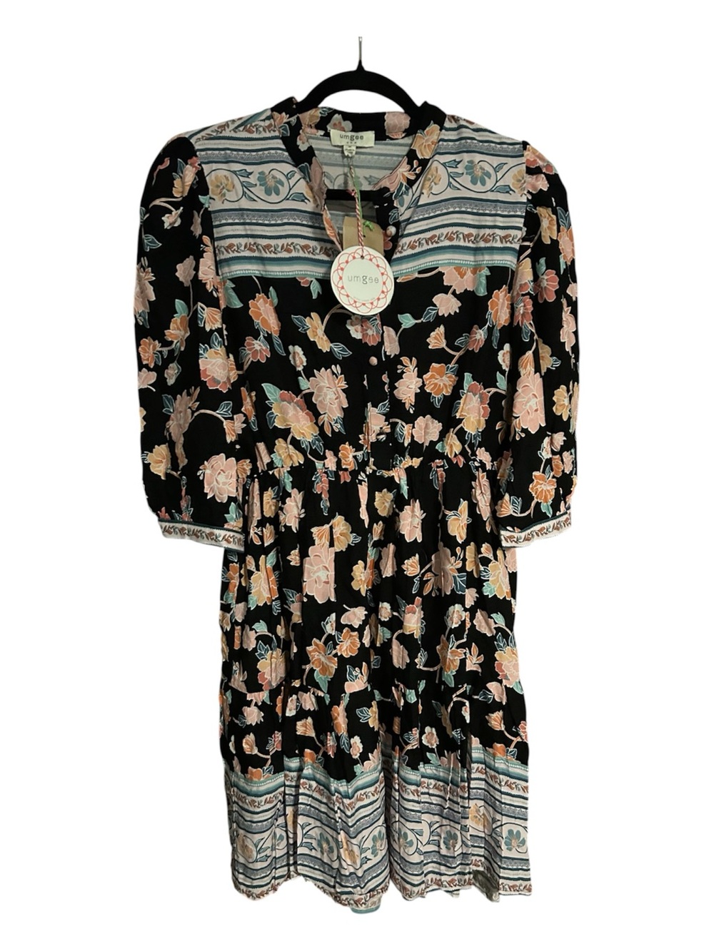Umgee Black Floral Midi Dress with Peach and Teal Accents